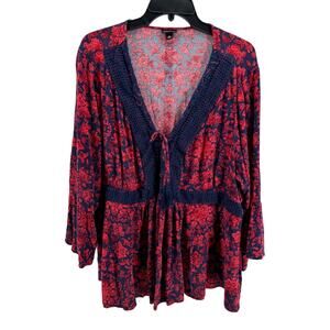 Torrid Women's Red Navy Lace-Up Crinkle‎ Gauze Babydoll Blouse Size 3